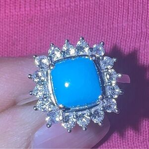Sleeping Beauty turquoise, White Zircon Sunburst Halo Ring, .925 Sterling Silver